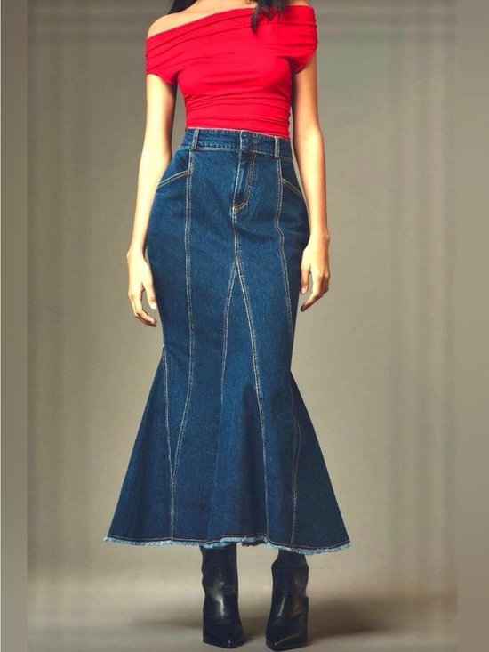Pilcro Dresses & Skirts - Pilcro x Anthropologie Fluted Denim Maxi Skirt Dark Wash 0 Stretch Seamed Jean
